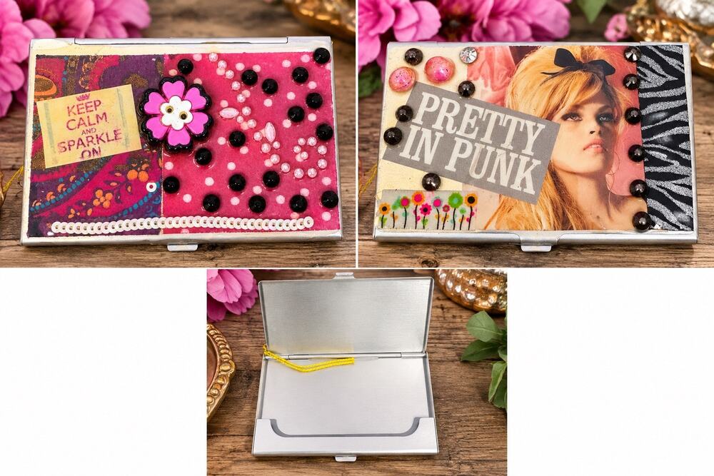 Handmade Pretty Punk Business Card Holder Keep Calm Sparkle On Rhinestone Case